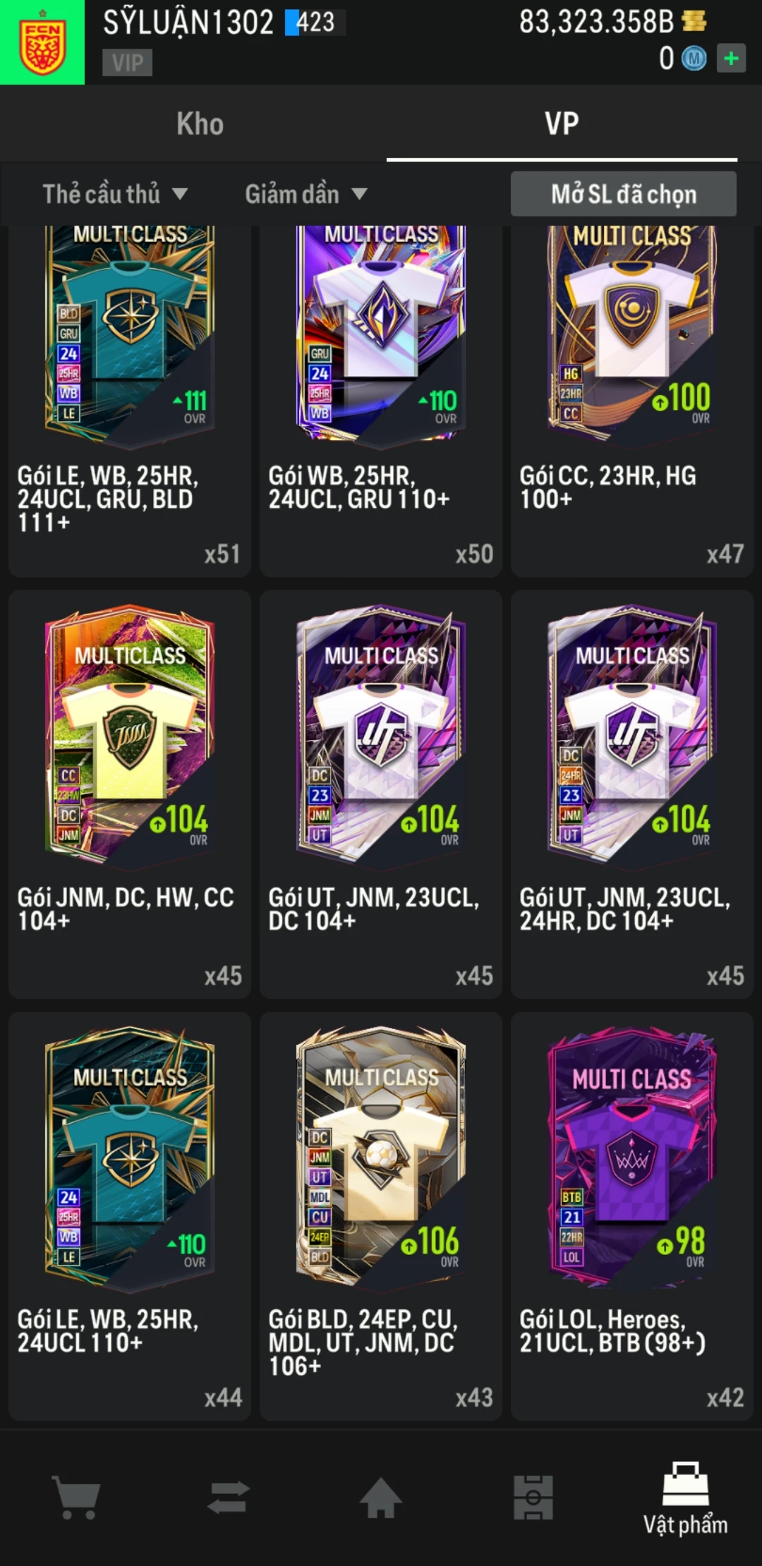 Ảnh ACC mở thẻ (LOẠI SVIP PROMAX) bao gồm có 01 thẻ +12, 03 thẻ PRIME (QH+, CP+, XS+) và hơn 1600+ đến 3500+ thẻ cầu thủ từ Siêu sao đến Miền núi các loại. Acc có sẵn BP trắng từ 55.000 tỷ BP đến 90.000 tỷ BP